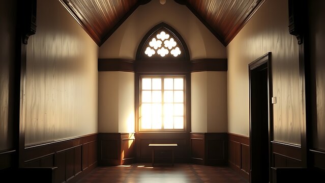 kneeler. The interior of an empty confessional booth with soft light entering through a wooden lattice. event programs, museum guides, designed for cultural heritage projects and event programs.