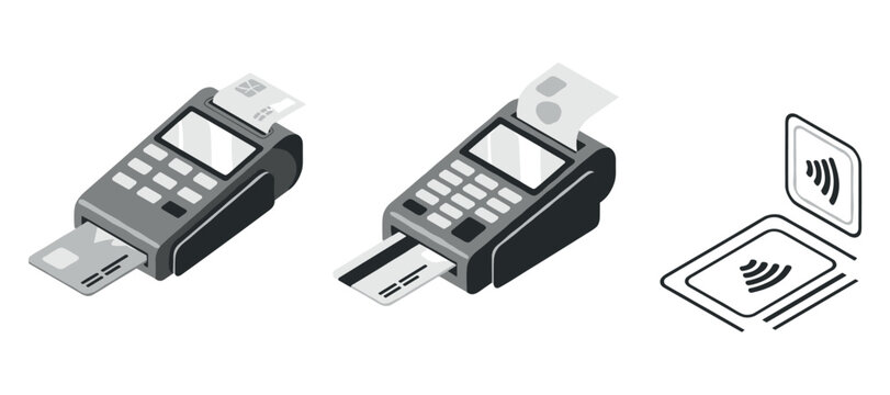 Payment terminals displaying card insert receipt and contactless icons