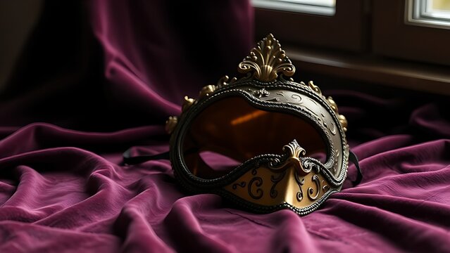 amrit. Ornate Venetian mask resting on dark velvet fabric, soft light highlighting its decorative details. event programs, museum guides, designed for cultural heritage projects and event programs.