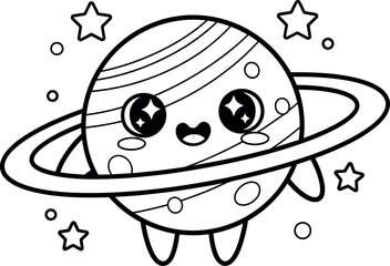 Cute Saturn Planet Cartoon Illustration, Kawaii Space Character with Rings and Stars, Funny Solar System Mascot Vector for Kids Education, Astronomy Design and Children Illustration © Hridoy