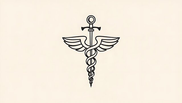 asclepius. Minimalist emblem combining the Rod of Asclepius with a crescent moon. event programs, museum guides, designed for cultural heritage projects and event programs, used by it administrators.