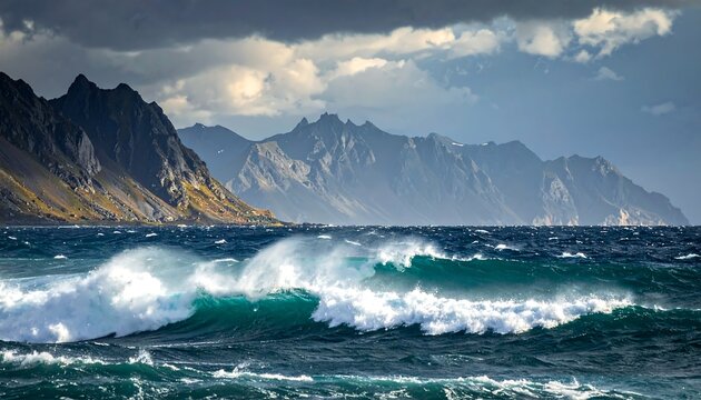 Wavy ocean water with mountainous range backdrop and cloudy sky view on sunny day