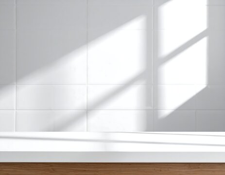 A stark, minimalist composition featuring white tiled wall and surface, bathed in sunlight from a window, creating shadow play