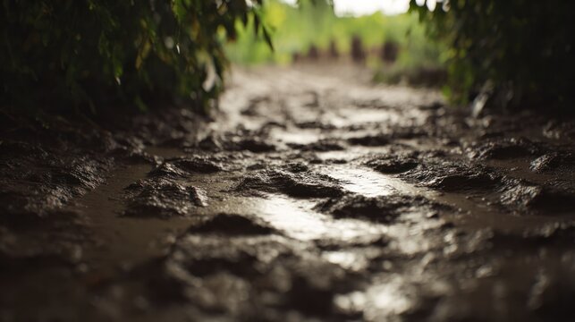 Wet earthy trail with disordered footprints after rain, showing texture and depth of muddy ground. tutorial guides, club newsletters, designed for sports clubs and outdoor recreation publications.