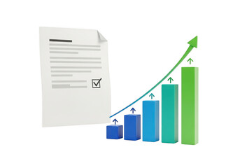 Increasing business growth chart with document isolated on transparent background