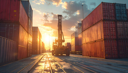 A forklift operates between rows of stacked shipping containers at a bustling container terminal during sunrise