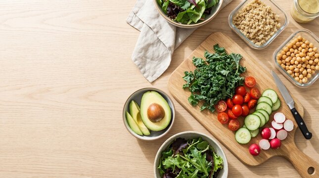 Top-down view of fresh healthy salad ingredients including greens tomatoes and bowls on a wooden table.