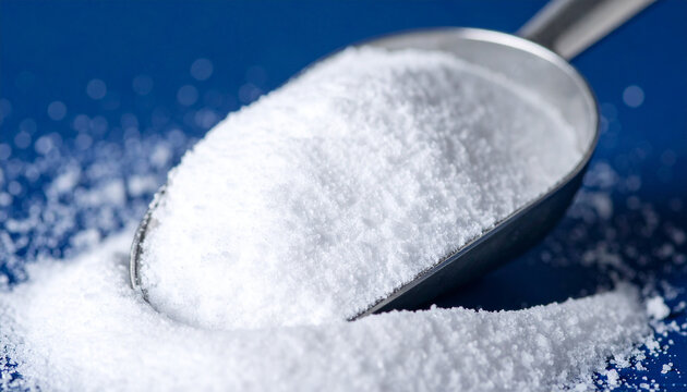 Metal laboratory scoop with white crystalline powder, hydrolyzed collagen, citric acid or calcium carbonate ingredient