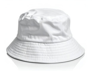 Fototapeta premium A crisp white, brimmed bucket hat with a soft, crinkled crown