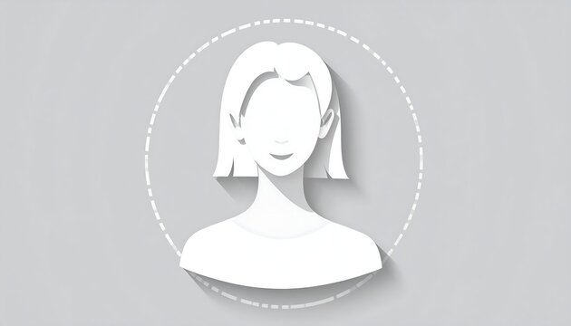 White papercut avatar icon of a woman with bob haircut, set against a light gray background with a dashed circle