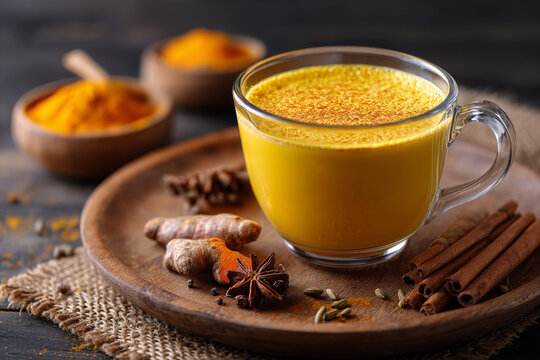 A glass mug of golden milk latte is placed on a wooden tray with spices