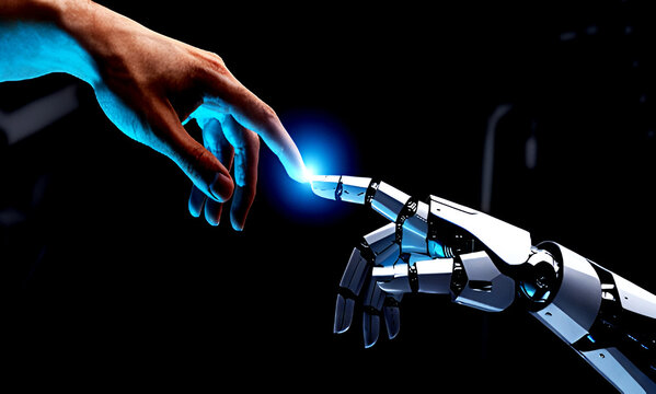 A picture of a human hand touching a robotic hand, showing a fusion of real and modern artificial robotic technology