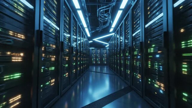 Server Room with Blue and Green Lights