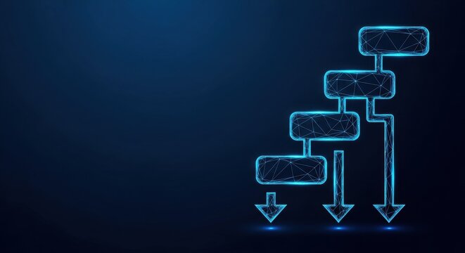 Abstract blue glowing flowchart diagram visualizing a complex process or algorithm on a dark digital background