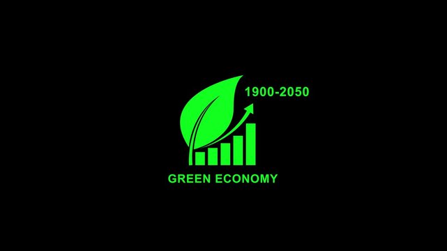 Green economy growth concept with leaf and graph rising from 1900 to 2050 on black background sustainability