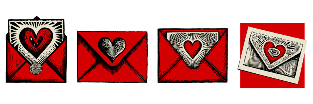 A set of four red envelopes featuring various heart designs and romantic motifs depicting love letters and messages during Valentine's Day