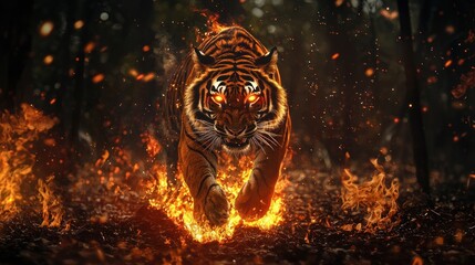 Tiger running through flames