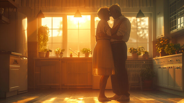 Senior couple, love and dancing in kitchen for retirement and healthy relationship with romance. Interracial marriage, old man and woman with dance steps in home for support and happiness together