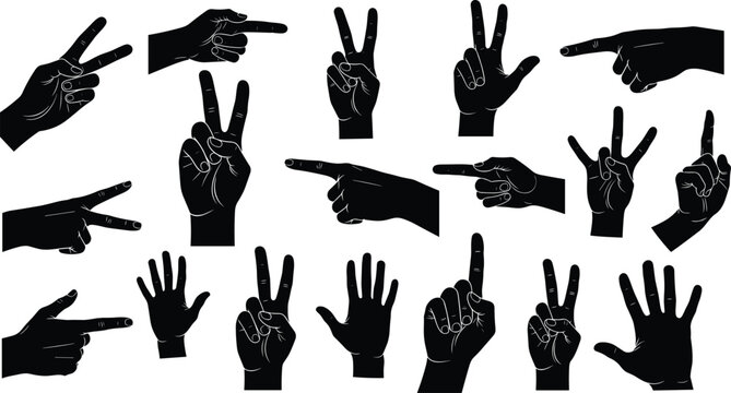Hand gesture silhouettes, finger counting signs, black and white vector illustration, nonverbal communication artwork, sign language design, symbolic hand signal graphics
