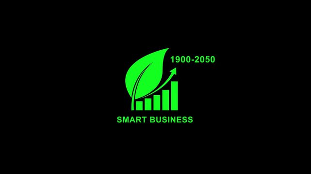 Green leaf with upward arrow and bar graph on black background representing eco friendly business growth and sustainability from 1900 to 2050 for smart business concept