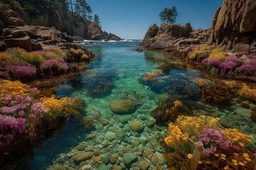 Obraz premium A rocky shoreline with tide pools filled with colorful marine life under a clear sky