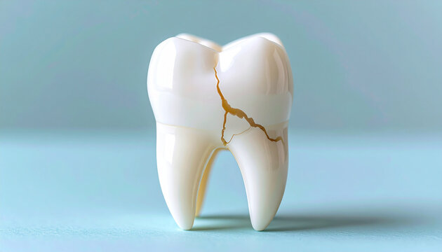 Human tooth with visible crack, dental model for educational and healthcare purposes, stomatology and pain awareness