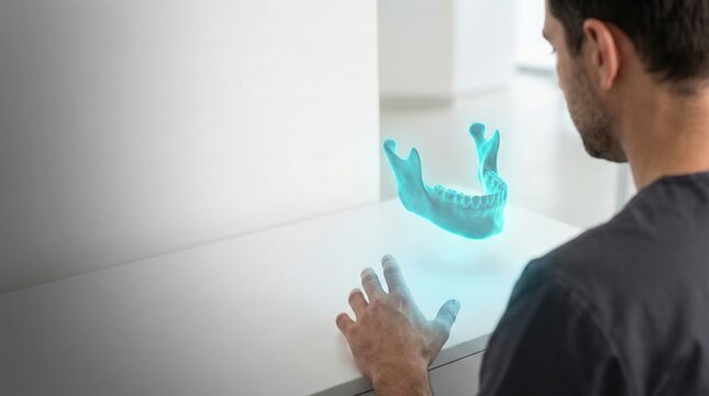 Surgeon Interacting with 3D Holographic Jawbone for Virtual Dental Surgery Planning and Digital Dentistry Concept
