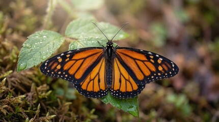 Obraz premium Detailed macro photography of a Monarch butterfly with open wings resting on a green leaf.