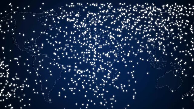 World map on a black background with sparkling particles on the surface4k loop of rotating glowing dots stylised world globe with orbits