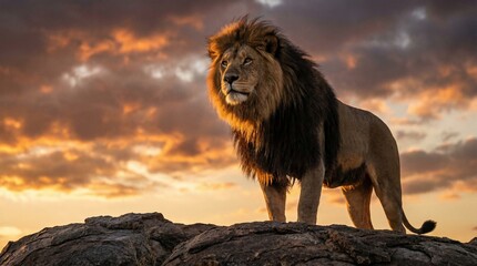 Majestic male African lion standing proudly on a rock during a dramatic golden hour sunset. © Omishu Makes