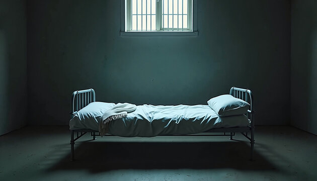 Empty hospital bed in dim room with barred window

