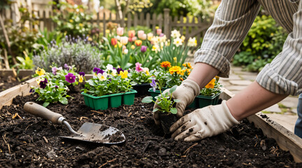 Fototapeta premium Hands in gloves planting flowers in a raised garden bed. Gardener working with pansies and marigolds in spring