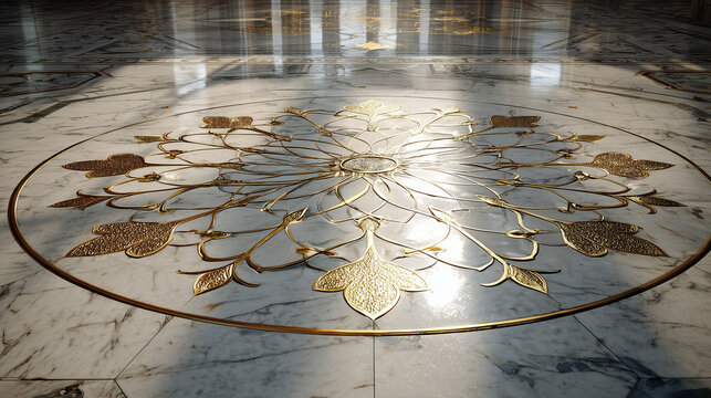 Ornate marble floor featuring a circular floral design inlaid with gold detailing and elegant patterns