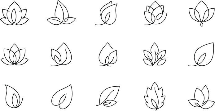 A collection of minimalist line art leaf and lotus flower designs on a white background