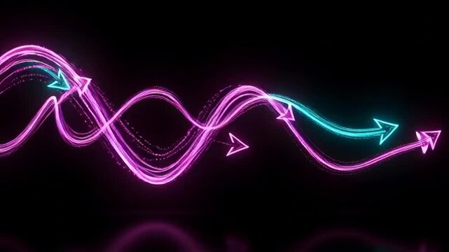 Vibrant pink and blue neon light waves intersect in a dynamic abstract pattern on a dark background.