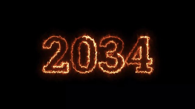 Fiery 2034 Year Number Neon Glowing Animation with Burning Flame Effect on Isolated Black Background