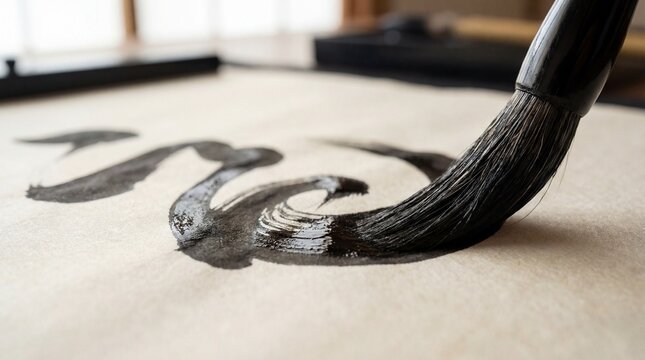 Close up of a traditional calligraphy brush painting Japanese or Chinese characters with black ink on white paper.