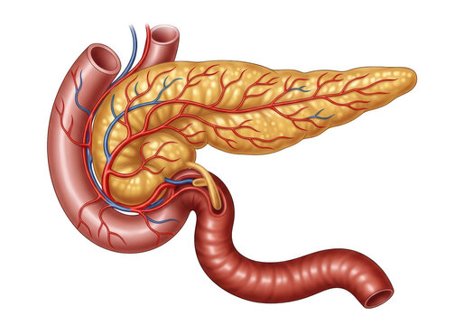 Anatomical illustration of the human pancreas and digestive system isolated on transparent background