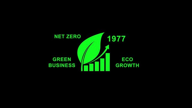 Eco friendly business growth concept with green leaf and rising graph on black background with n e t z e r o 1977 g r e n b u s i n e s e c o g r o w t h text