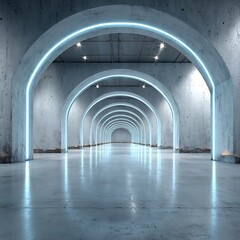 Obraz premium Futuristic Concrete Tunnel with Glowing Blue Neon Arches, Modern Architectural Corridor Design, Empty Sci-Fi Hallway Concept for Presentations