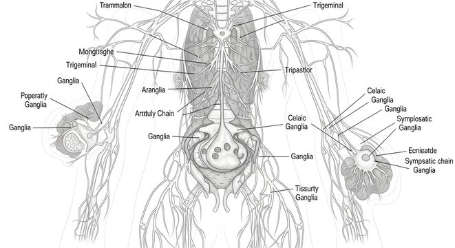 High detailed anatomical illustration of human sympathetic chain and ganglia along vertebral column, showing paravertebral ganglia, splanchnic nerves and autonomic plexuses supplying thoracic and abdo