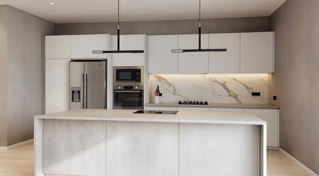 Modern white kitchen with island and sleek built-in appliances for a bright, minimalist interior.