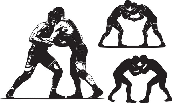 Silhouettes of wrestlers engaged in intense grappling and competitive combat
