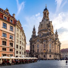 Fototapeta premium A sunlit cityscape features a grand dome-topped cathedral next to colorful buildings with outdoor seating. The sky is bright