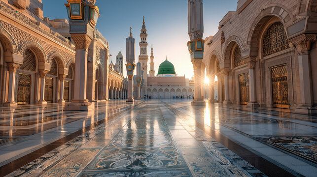 Exterior view of the prophet's mosque in medina, saudi arabia, featuring minarets and green dome at sunset