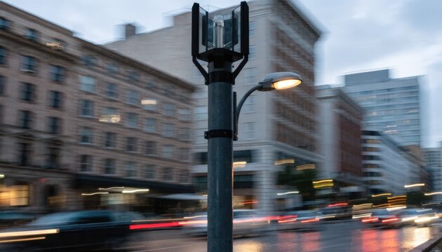 Medium shot of a downtown streetlight pole featuring a discreet small cell antenna at the top sharply focused against a blurred city block background.