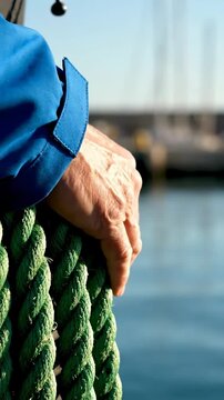 A Close-Up View of a Hand Gently Resting on a Thick Green Rope Against a Serene Waterfront, Capturing the Connection Between Nature and Human Craftsmanship