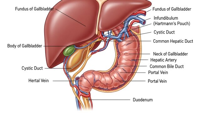 High detailed anatomical colored illustration of liver, gallbladder and duodenum, labeling fundus and body of gallbladder, cystic duct, common hepatic duct, portal vein, hepatic artery and venous drai