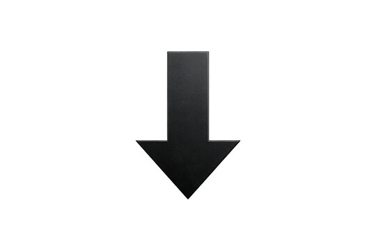 Black arrow pointing down representing download, direction, navigation, and decrease on transparent background