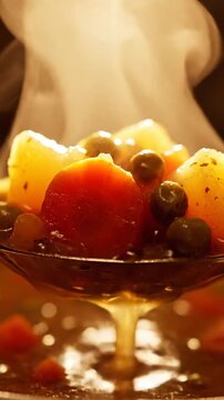 Spoonful of hearty vegetable stew with steam